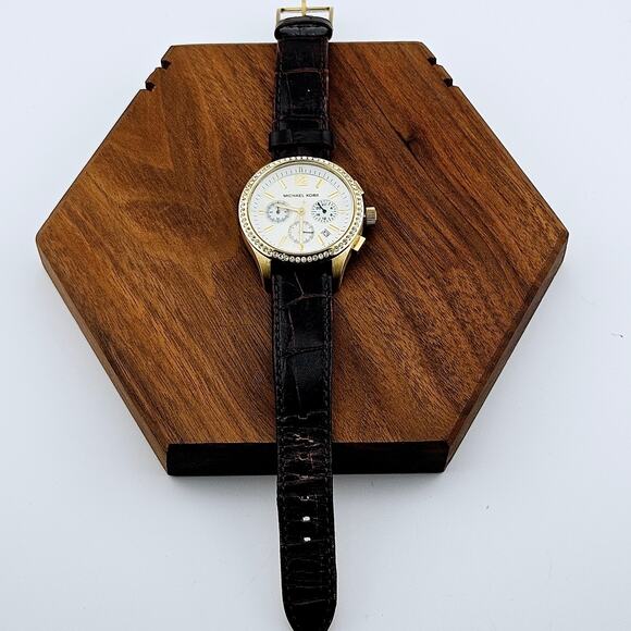 Michael Kors Women's Gold Tone Multi Dial Glitz Watch Brown Leather Band MK-5014 - Picture 4 of 7